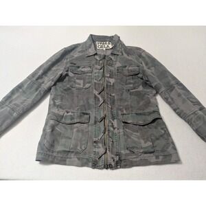 Pam & Gela camo jacket sz S 100% tencel Grunge string zip military utility Gorp